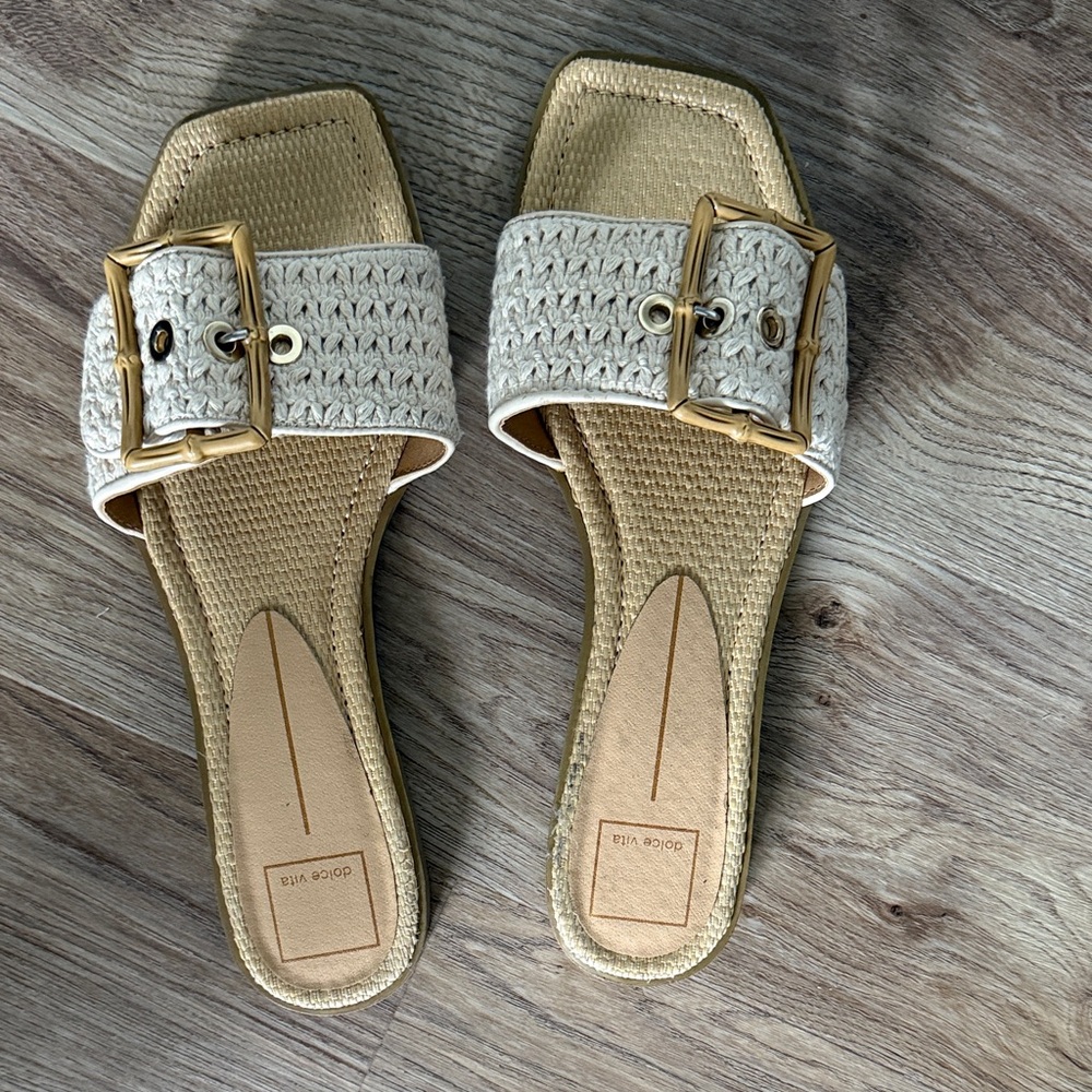 Dolce Vita Cream Woven Sandals with Gold Buckle